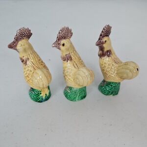 Antique 20th Century Chinese Rooster Figurines Set Of 3 Sancai Glazed Porcelain